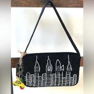 Beaded New York City Skyline Bag with beaded Apple and Yellow Cab Bag Charms